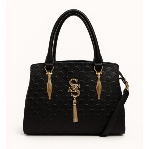 Sensin Women's Black with Gold-Tone Satchel Shoulder Bag Medium - Picture 1 of 6